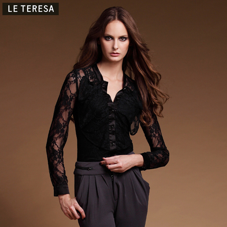 Barrystar recommend: Lt female 2013 women's new arrival ol black slim long-sleeve lace shirt
