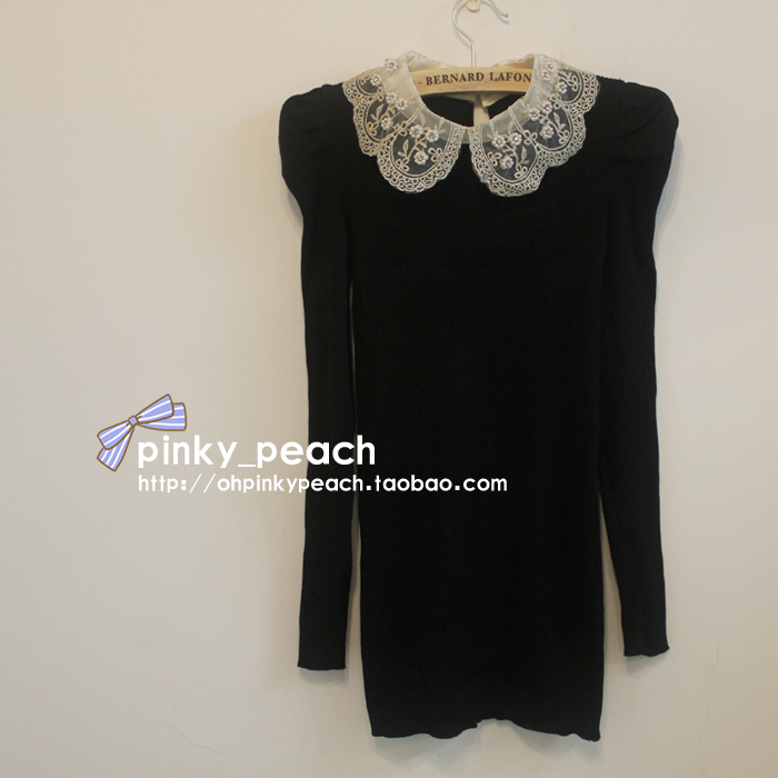 Basic lace peter pan collar beaded pearl tight slim basic puff sleeve sweater