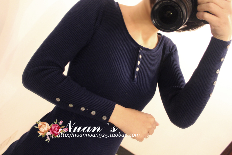 Basic o-neck multi-button tight-fitting slim thermal basic shirt sweater