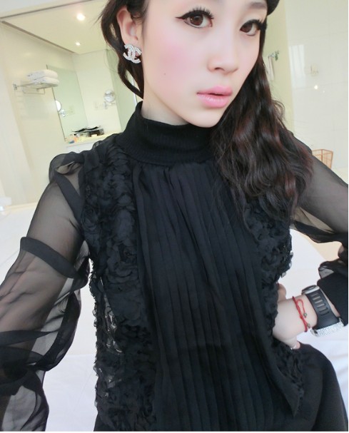 Basic shirt Women spring chiffon rose slim basic shirt perspective gauze chiffon shirt  FREE SHIPPING