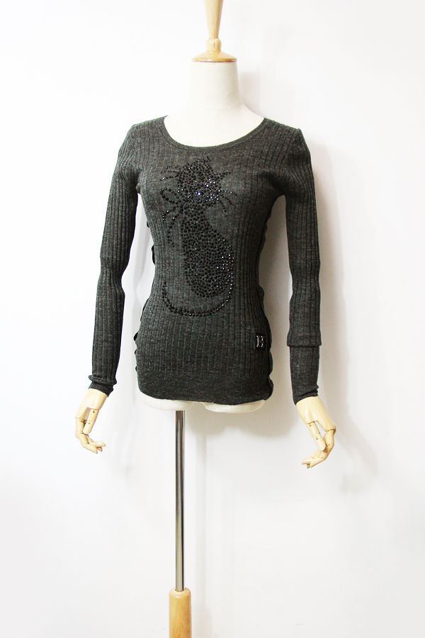Basic slim o-neck sweater all-match thin long-sleeve rhinestones black pullover sweater