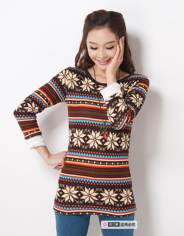 Basic Sweater O-neck Printed Full Sleeves Long Slim Thickening Women's Winter Top Wear