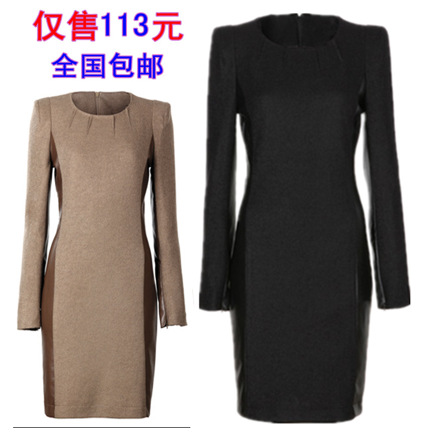 Basic woolen skirt female leather skirt black ol slim hip autumn and winter long-sleeve dress