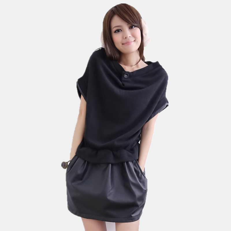 Bat sleeve shirt dress false twinset PU splicing leather skirt loose knitted dress   L286
