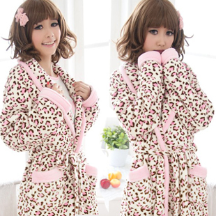 Bathrobes coral fleece long design thickening robe lengthen plus size lounge sleepwear pink leopard print Women winter