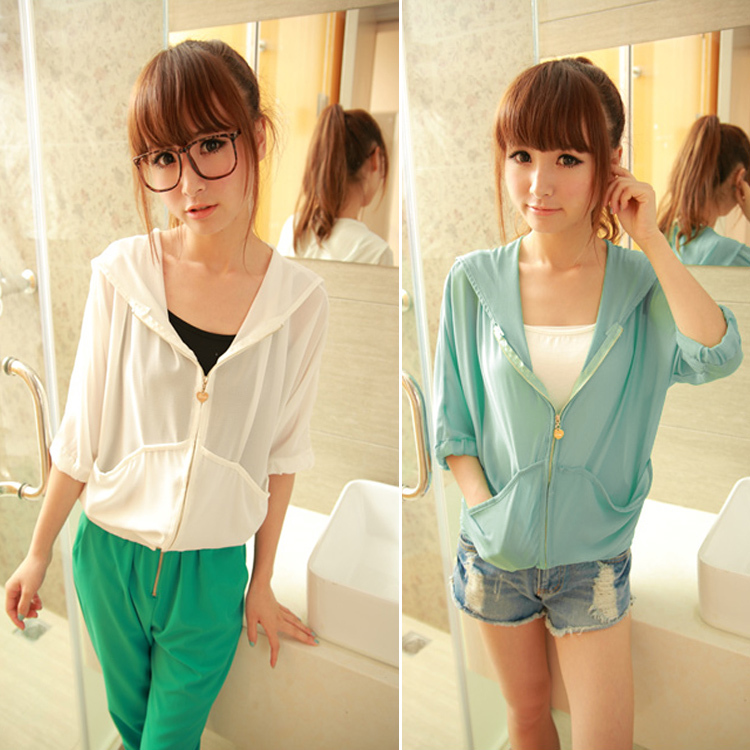 Batwing sleeve love zipper half sleeve chiffon shirt outerwear sun protection shirt powder black 958 free shipping