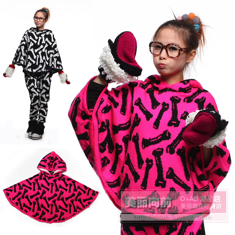 Batwing sleeve mercibeaucoup bones pattern personality with a hood pullover sweater cape sweater female