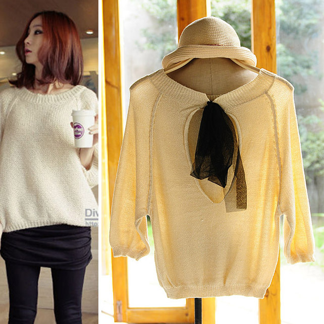 Batwing sleeve sweater three quarter sleeve loose pullover sweater racerback back bow lacing ,Free shipping