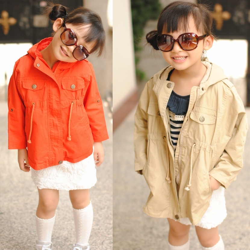 Batwing sleeve with a hood roll slim waist trench 2013 spring za children's clothing female child 100% cotton trench outerwear