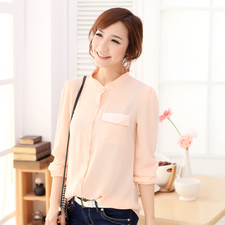 Bb6-4 spring women's stand collar applique pocket medium-long solid color long-sleeve chiffon shirt 9137