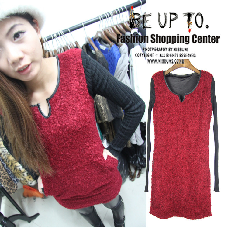 Be up to . fashion lambswool goatswool V-neck leather yarn patchwork one-piece dress slim sweater dress