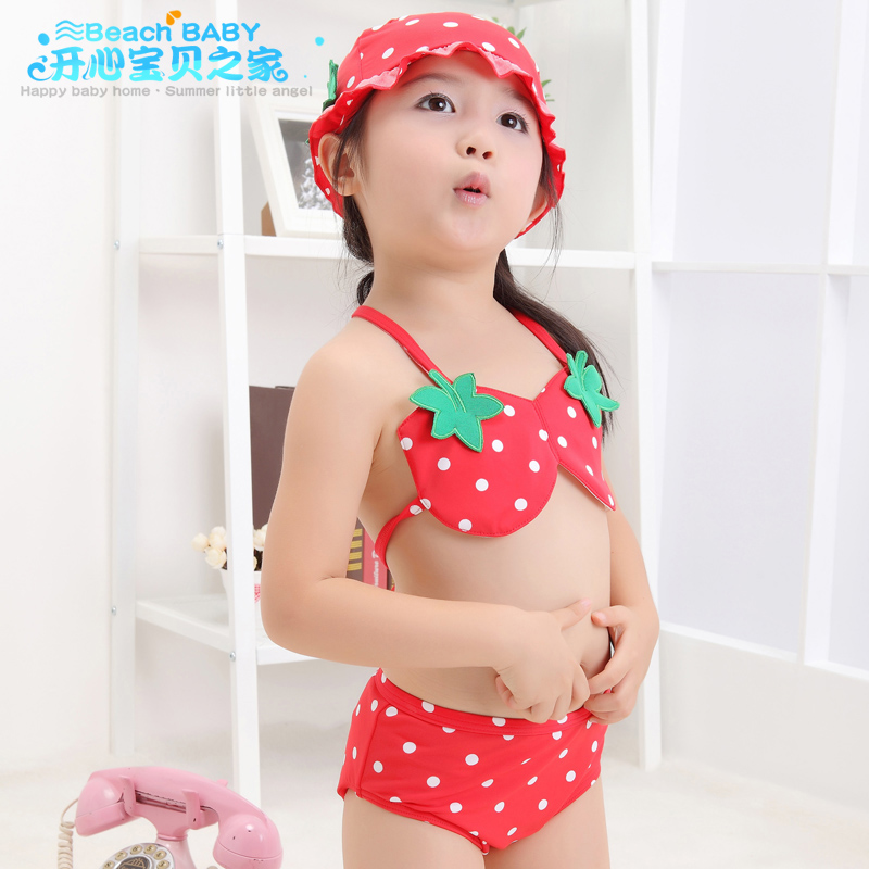 Beach baby strawberry style female girl children bikini split swimwear swimsuit swimming + cap