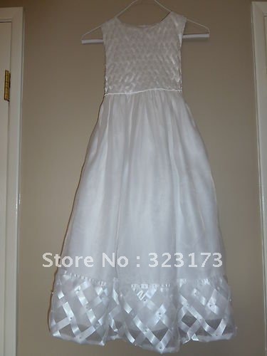 Beaded White Organza Round Neckline A-line Floor Length Custom Made Flower Girl Dress