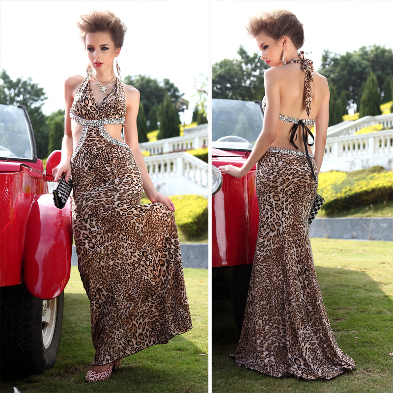 beading elegant halter-neck leopard print racerback sexy formal dress