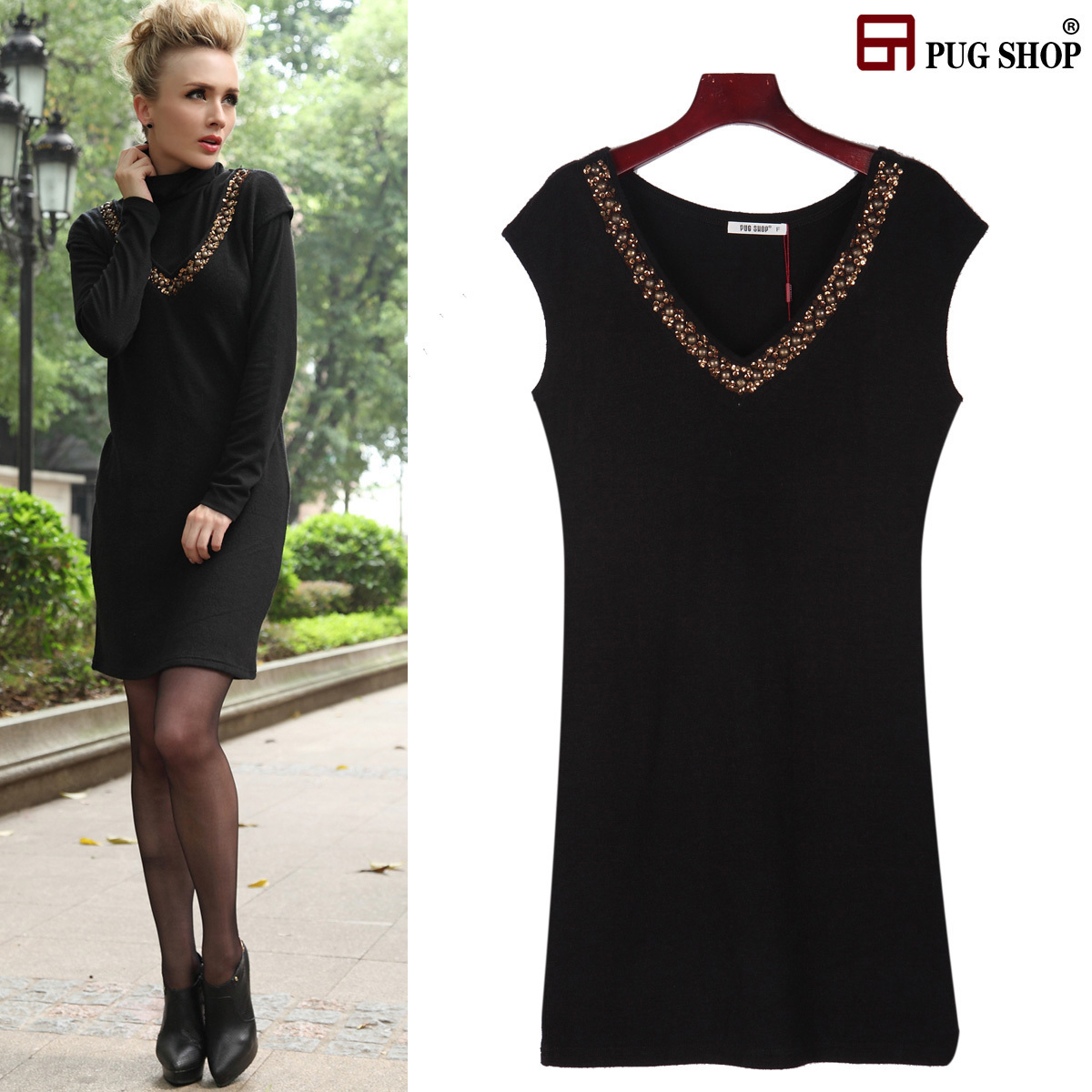 Beading neckline goatswool black basic sleeveless one-piece dress