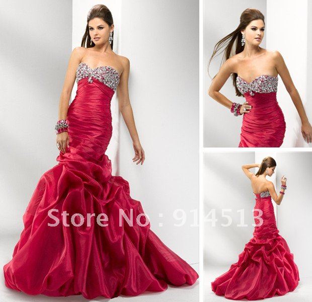 Beading Sweetheart Neckline Thick Red Organza Mermaid Evening Dresses