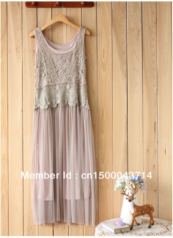 Bean paste colorr Crocheted flowers Vest Dress