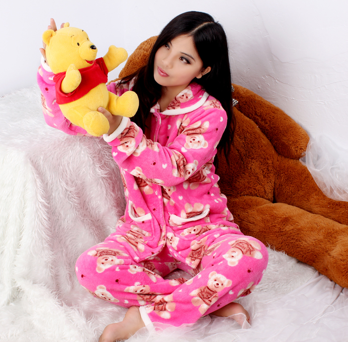 Bear women's long-sleeve coral fleece sleep set casual lounge cotton-padded
