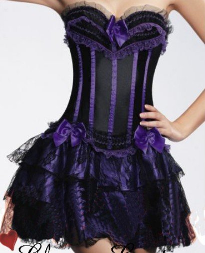 Beatiful black and purple top corset lace up boned corset with purple mini skirt lace overlay  S-2XL