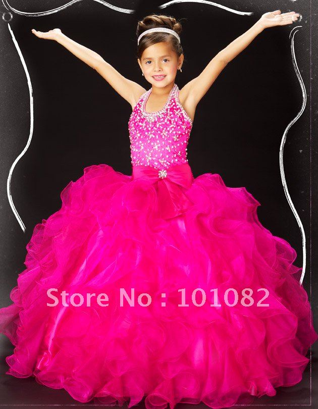 Beautiful 2012 Style Lovely Ball Gown Halter Fuchsia Princess Flower Girl Dresses Pageant Dress for little girls Party Dress