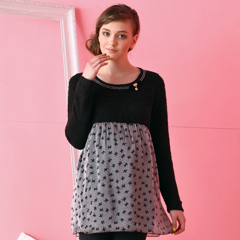 Beautiful 2013 maternity clothing patchwork double layer chiffon sweep long-sleeve round neck T-shirt 1101698