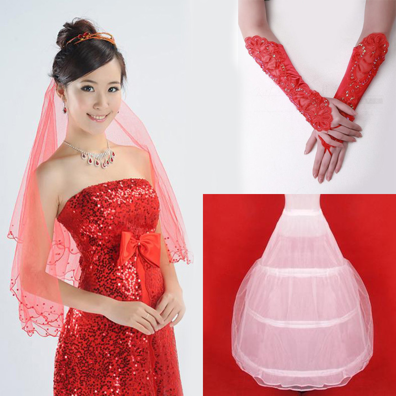 Beautiful 2013 spring bride wedding accessories red veil gloves pannier piece set