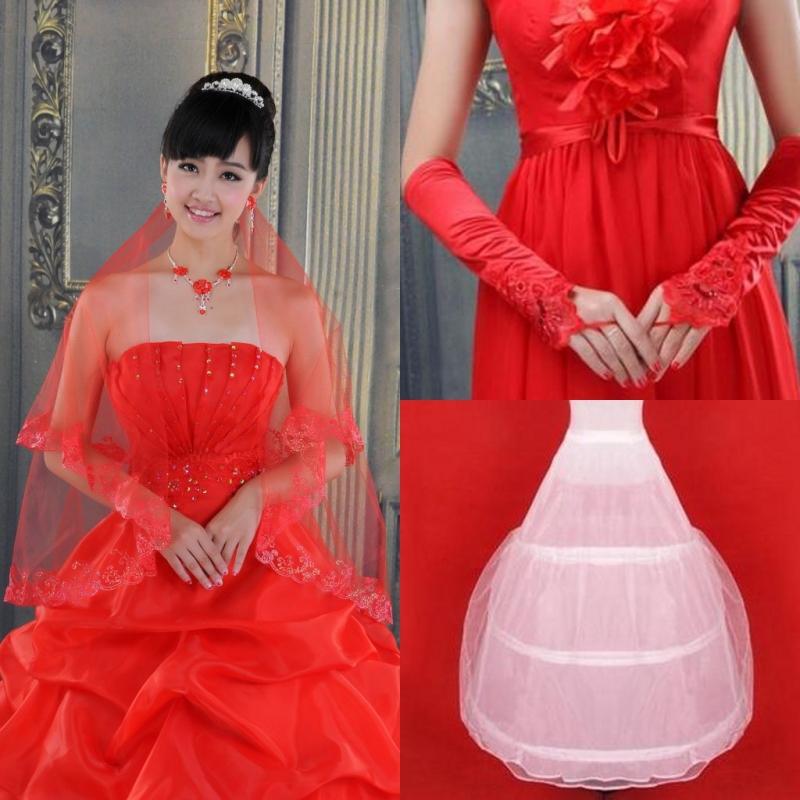 Beautiful accessories red bride veil red gloves 3 ring yarn pannier