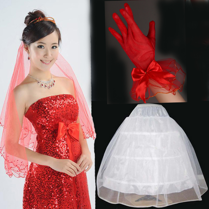 Beautiful classic red bride veil red short design gloves 3 ring tulle dress triangle set