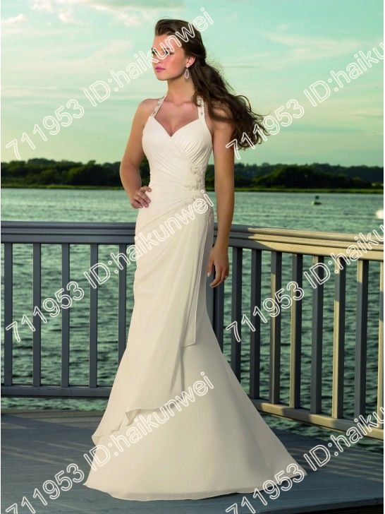 Beautiful Delicate Chiffon A-Line Wedding Dress with halter straps and crystal beaded desig