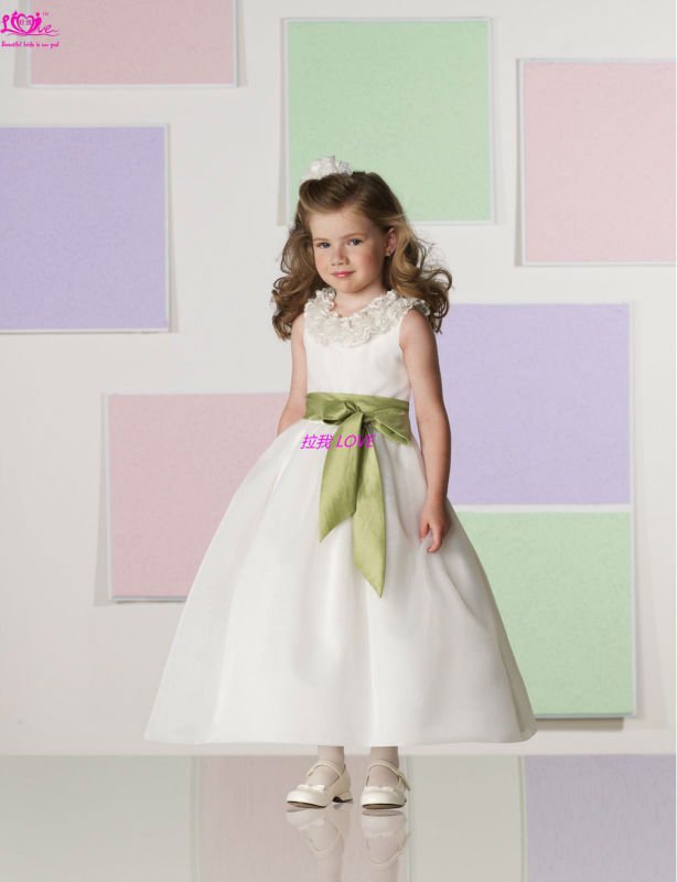 Beautiful Double Shoulder High Collar White Long Appliqued Ribbon Ball Gown Flower Girl Dress