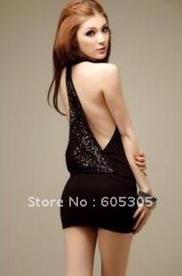 Beautiful Gorgeous sequined sexy leakage back Halter Slim Dress Free Shipping Free Shipping