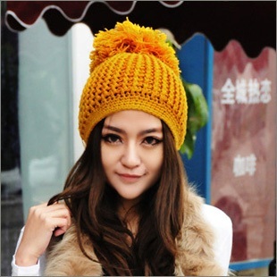 Beautiful ladies woolen cap with super large ball of yarn,button decoration knitted hat,,Multicolor Choice,Free Shipping