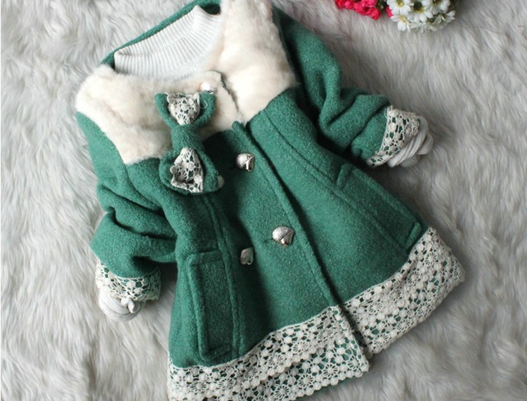 Beautiful Noble bow Lace Girls Coat  with heart button Cotton Warm Princess woolen Coat Children Jacket 4pcs/lot