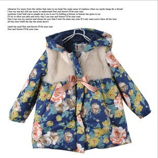 Beautiful Noble Floral Girls Coat Cotton Warm Princess Coat Children Jacket 5pcs/lot 1Color