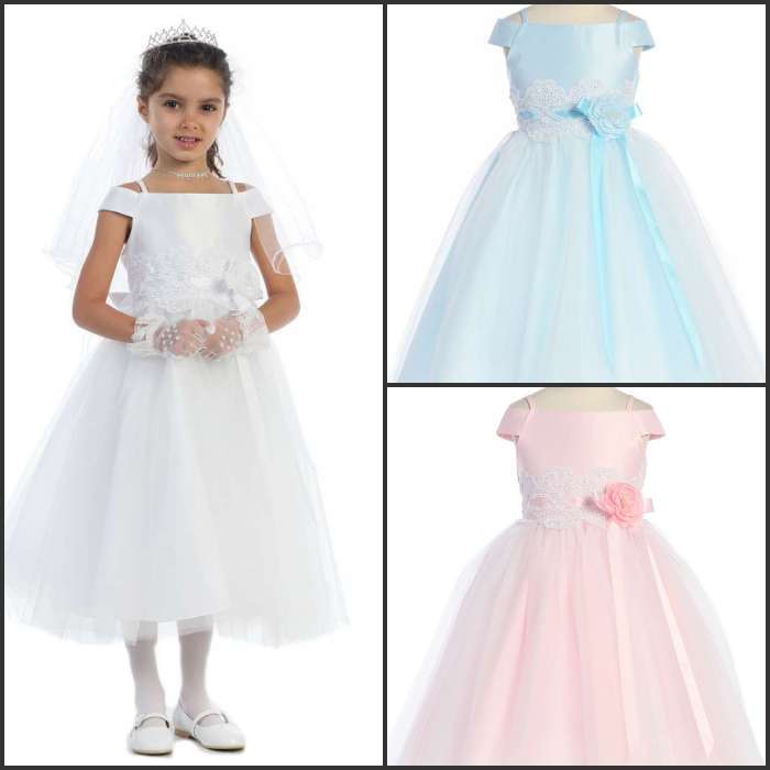 Beautiful off shoulder applique wedding flowers tulle flower girl dress short sleeves tea length real picture