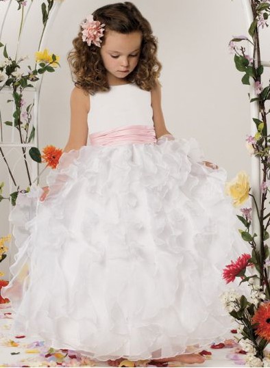 Beautiful Ruffled Organza Ball Gown Pink and White Flower Girl Dress
