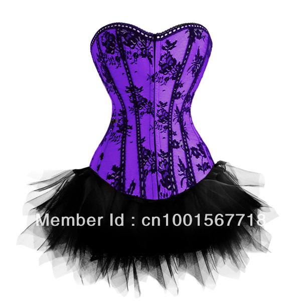 Beautiful Sexy Overlace Floral Corset Lingerie with Mini TuTu Skirt G-string