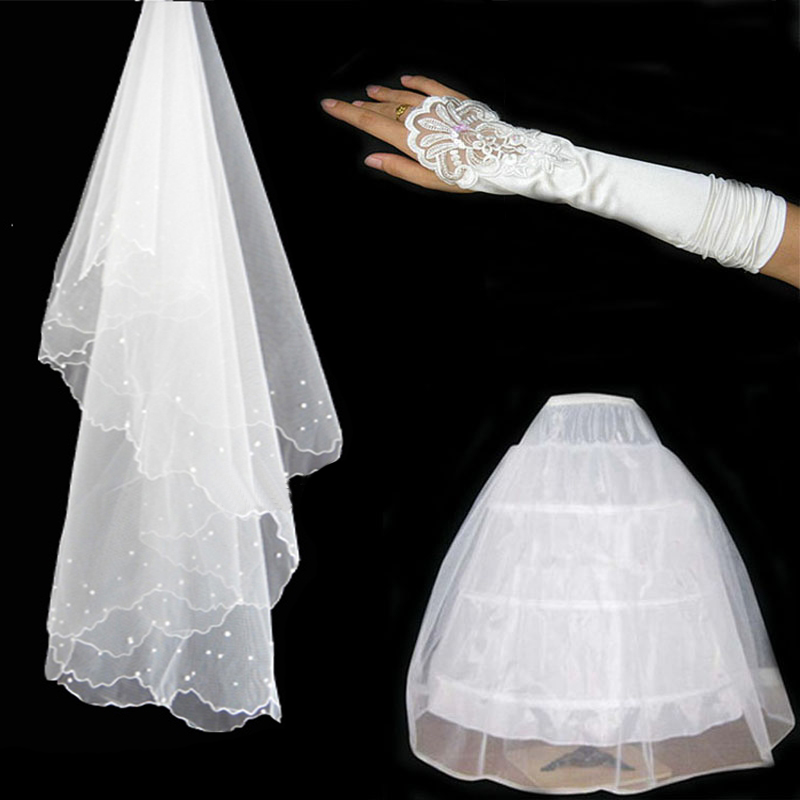 Beautiful wedding accessories pannier veil gloves triangle set 50 free shipping wholesale