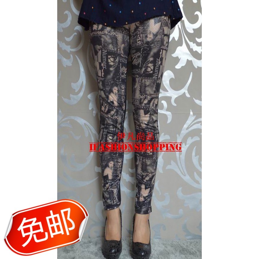 Beauty head portrait print ab serpentine pattern faux leather patchwork slim hip ankle length legging leggings