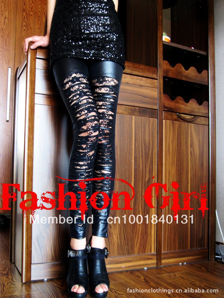 Beauty Women Sexy Black Leggings,Punk Rose Jacquard Lace Matt Faux Leather Hole Pants,Sexy Legging Tights,Free drop shipping