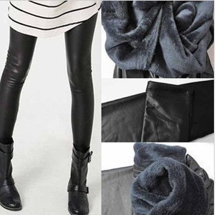 Beaver goatswool matt faux leather ankle length trousers double layer thickening plus velvet legging Women faux leather pants