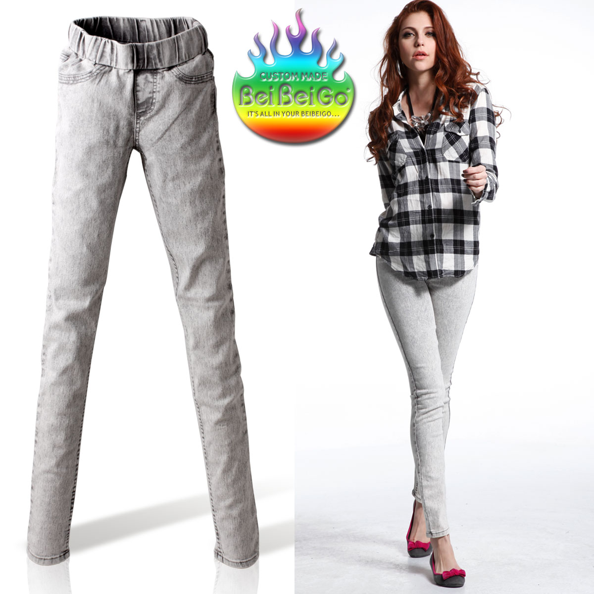 Beibeigo elastic waist pencil pants female skinny pants legging jeans boot cut jeans