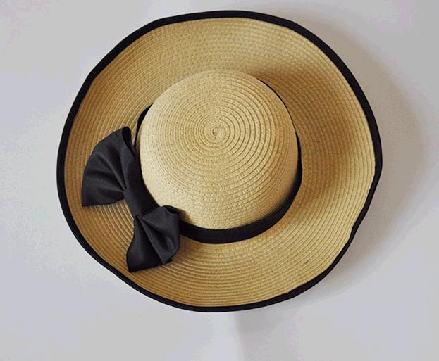 Beige big bow roll up hem strawhat bucket hats bucket hat sun sun-shading hat