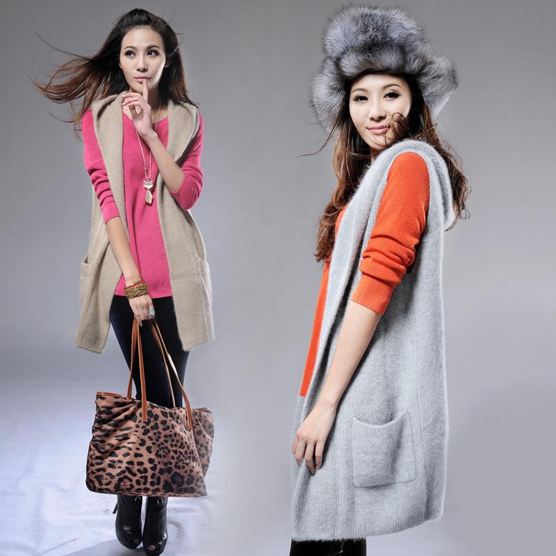 Beige cardigan female long design sweater mink sweater long design hooded