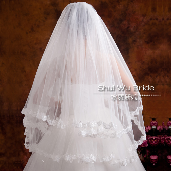Beige fashion small bride wedding dress accessories double layer lace veil princess laciness t