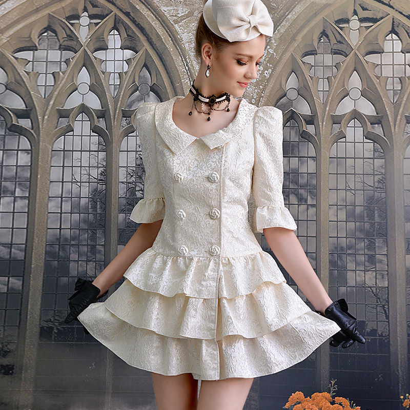 Beige jacquard ladies ruffle small lapel double breasted women's trench outerwear
