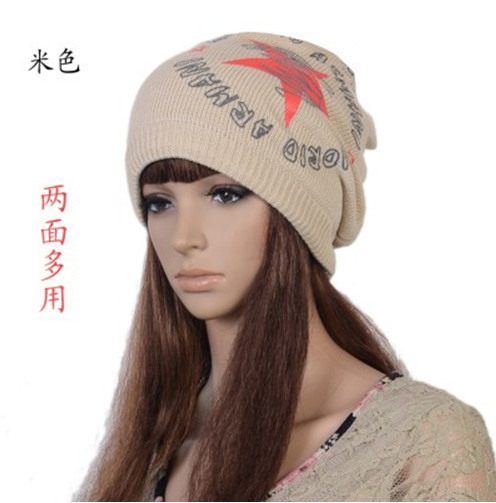 Beige pentagram graffiti printing double-sided hat scarf with the multi-purpose both men and women knitted cap free shipping