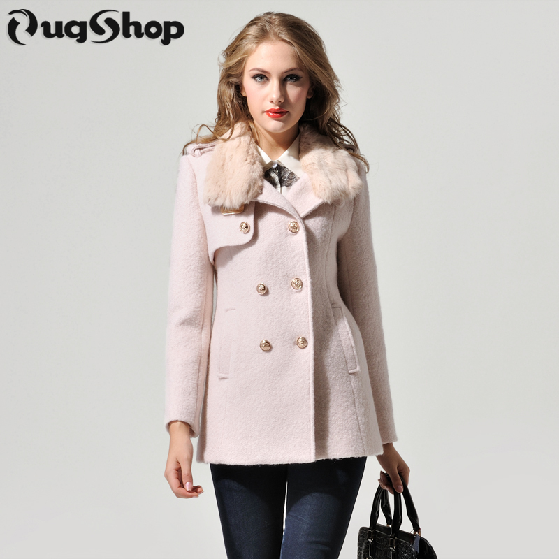 Beige rabbit fur wool double breasted wool coat outerwear trench