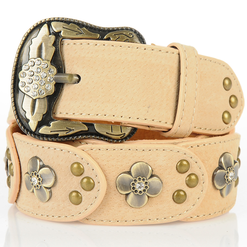 Belt female genuine leather national trend strap fashion all-match rhinestone diamond flower vintage pin buckle women's belt