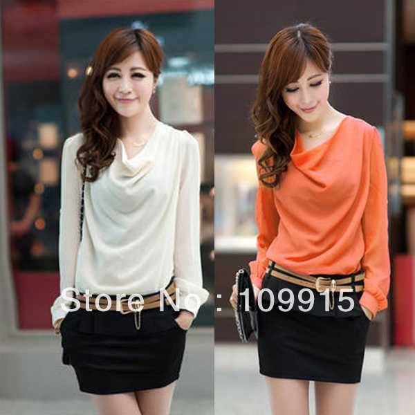 Belt Shirt Dress Blouse Skirt Long Sleeve Pleated Neck OL Blocking Mini Dress HR441